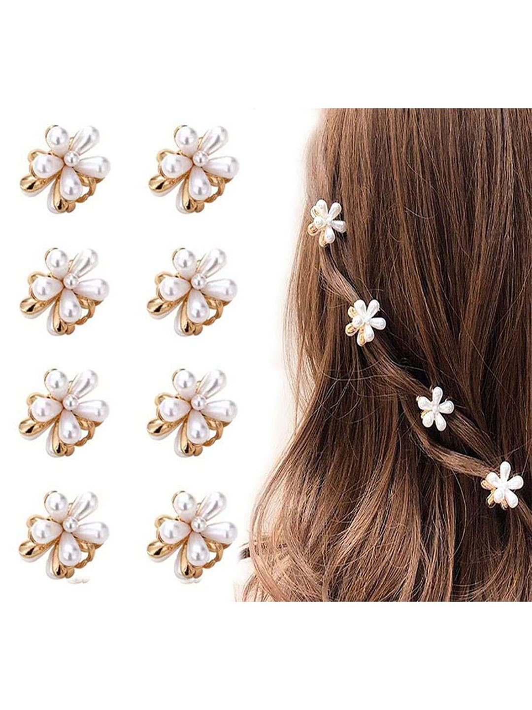 SH FSN Women Set Of 8 Mini Pearls and Alloy Material Hair Claw Clip