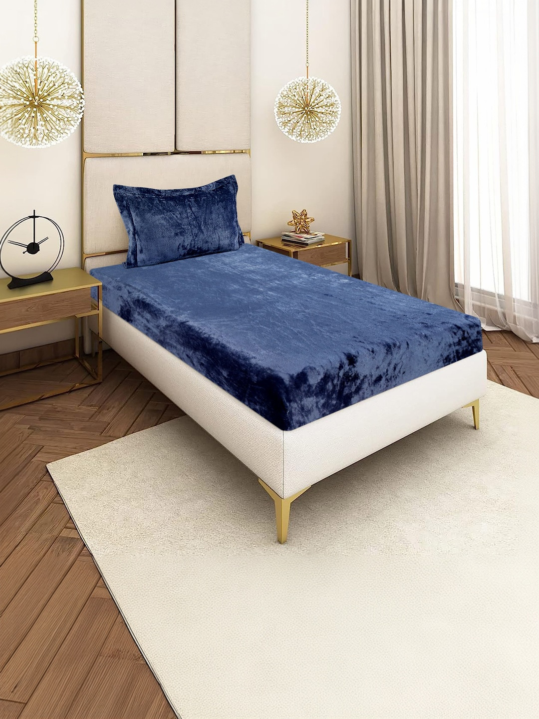 BLUEDOT Blue Velvet Woolen Warm 220 TC Single Fitted Bedsheet With 1 Pillow Cover