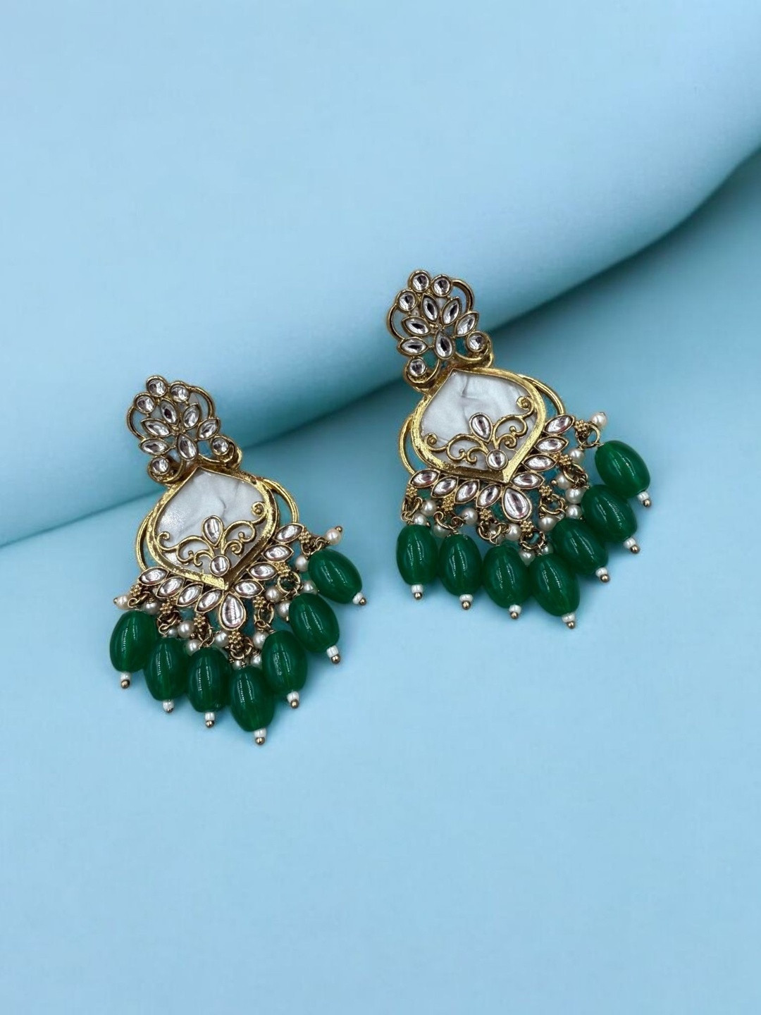 Women Click Gold-Plated Artificial Stones Studded And Beaded Teardrop Shaped Drop Earrings