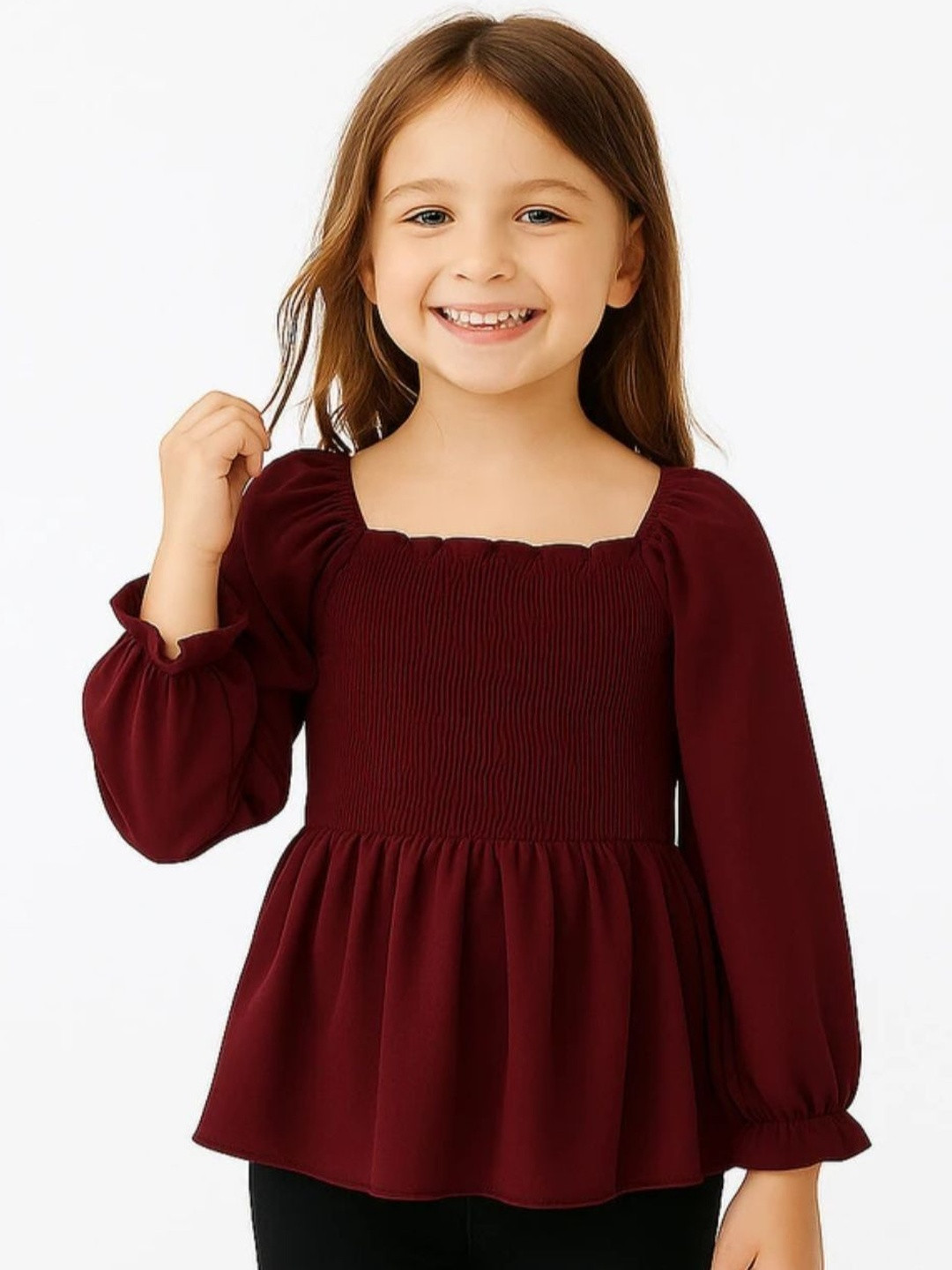 BUY UNIQUE FASHION Girls Puff Sleeve Crepe Peplum Top