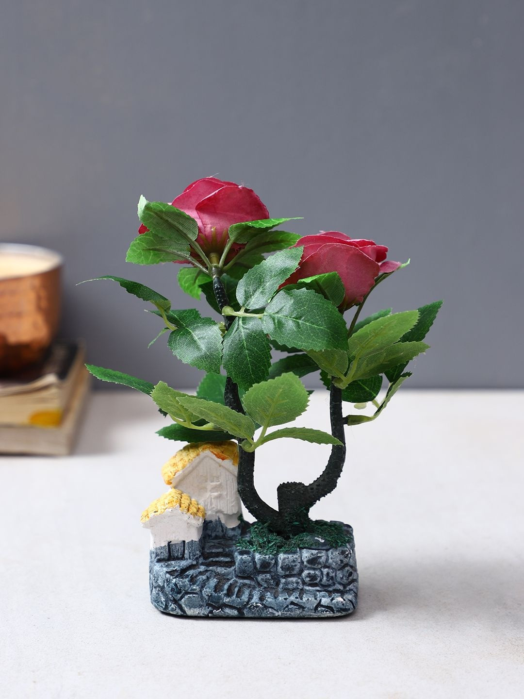 Myntra Elegant Homes Red & Green Rose Bonsai Artificial Plant With Pot