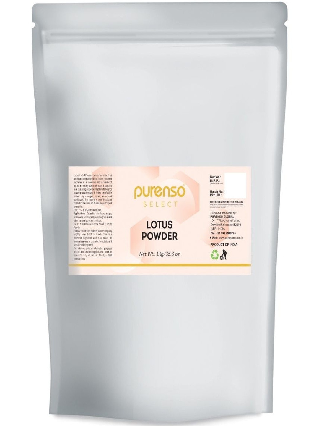 Purenso Vegan Natural Lotus Powder For Skin Moisturizer & Hair Growth - 1 Kg