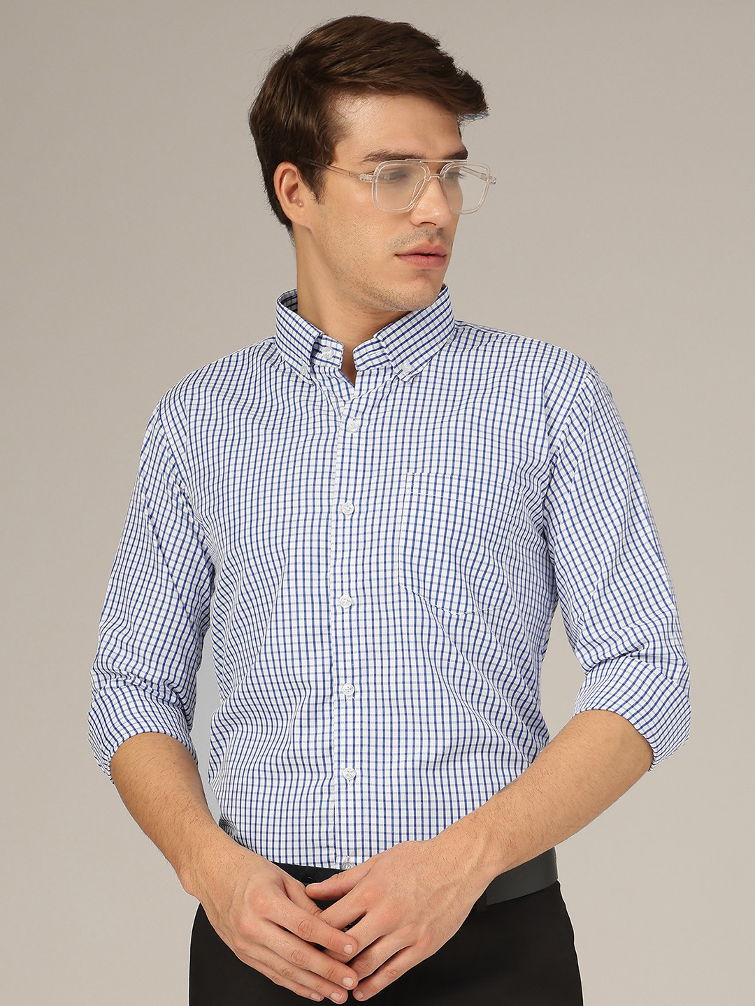 DENNISON Men Micro Checked Button-Down Collar Formal Shirt