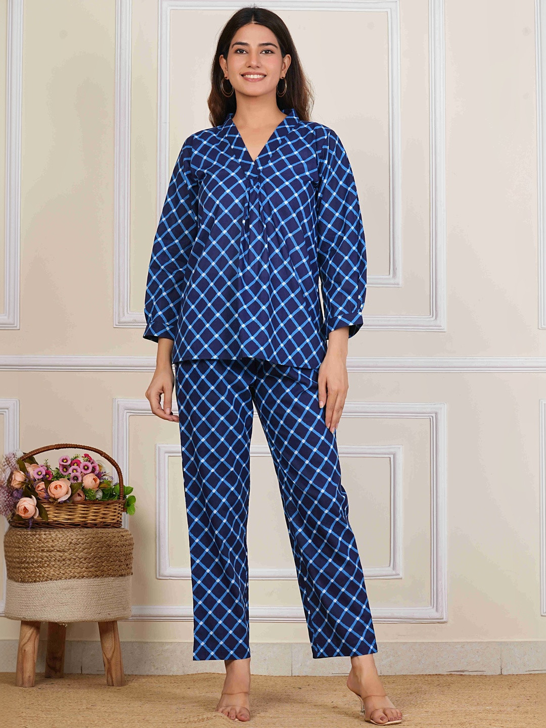 Kahili Art Geometric Printed Pure Cotton V-Neck Tunic With Trousers