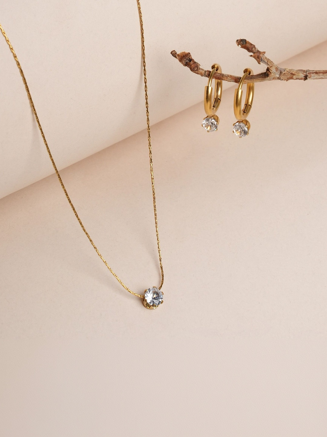 PALMONAS Stainless Steel Gold-Plated Solitaire Studded Jewellery Set
