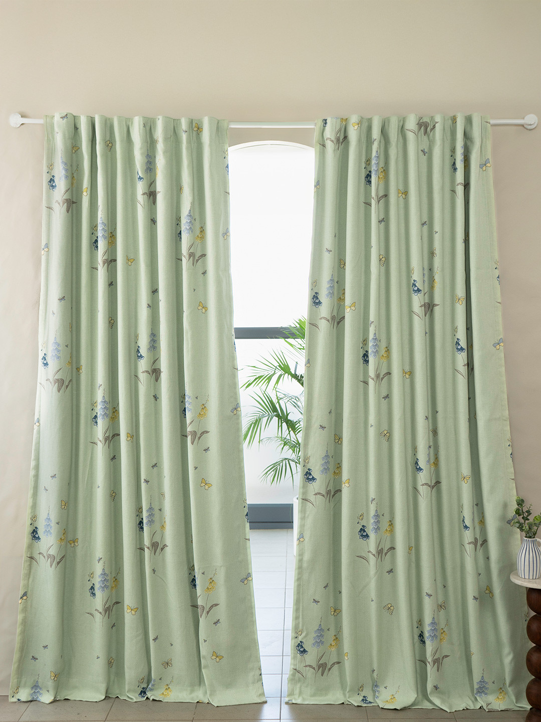 Tranquebar Home Green 2 Pieces Floral Printed Fade Resistant Black Out Door Curtains