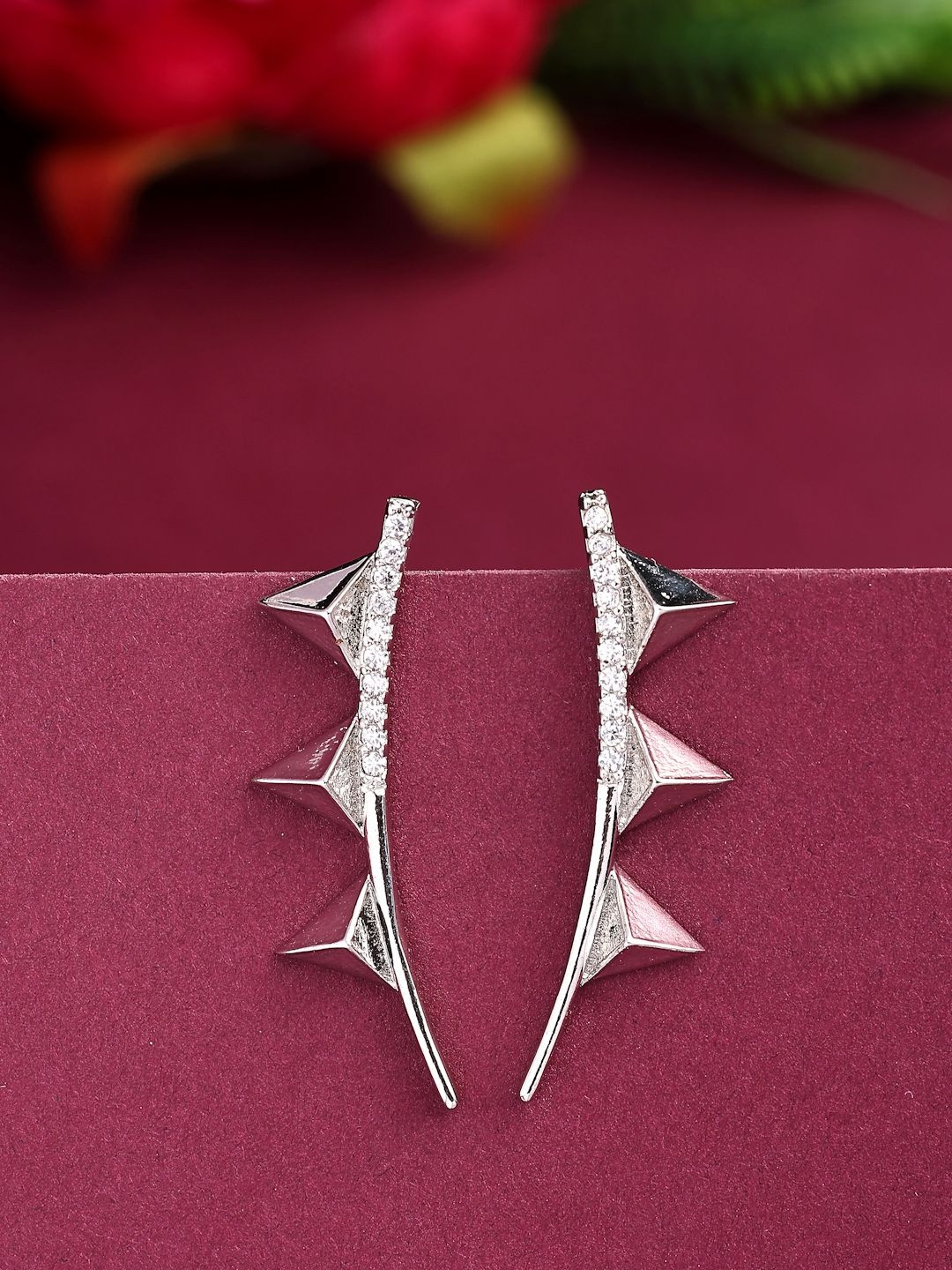 ZENEME Rhodium Plated American Diamond Studded Triangular Shaped Ear Cuff