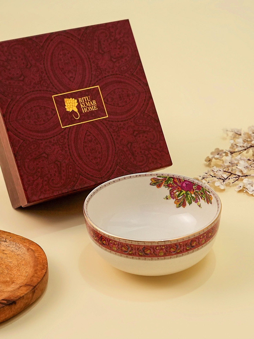 Ritu Kumar White & Purple Porcelain Highlighted with 24k Gold Print Serving Bowl