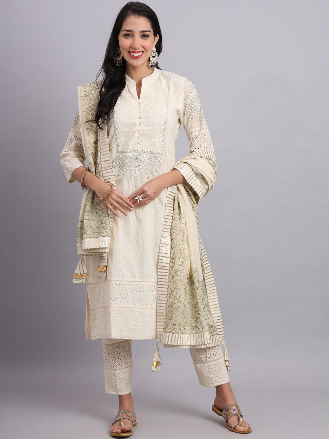 PJ KURTI Women Ethnic Motifs Embroidered Regular Mirror Work Pure Cotton Kurta with Trousers & With Dupatta