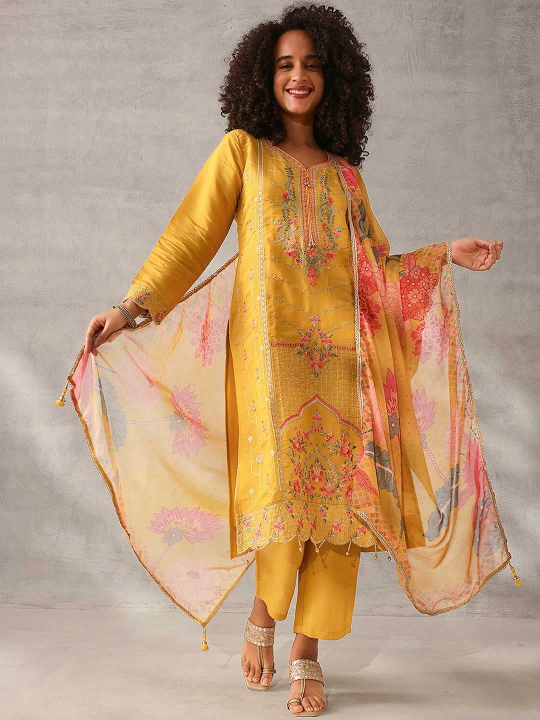 Ishin Mustard Floral Embroidered Sequinned Roman Silk Kurta With Trousers & Dupatta