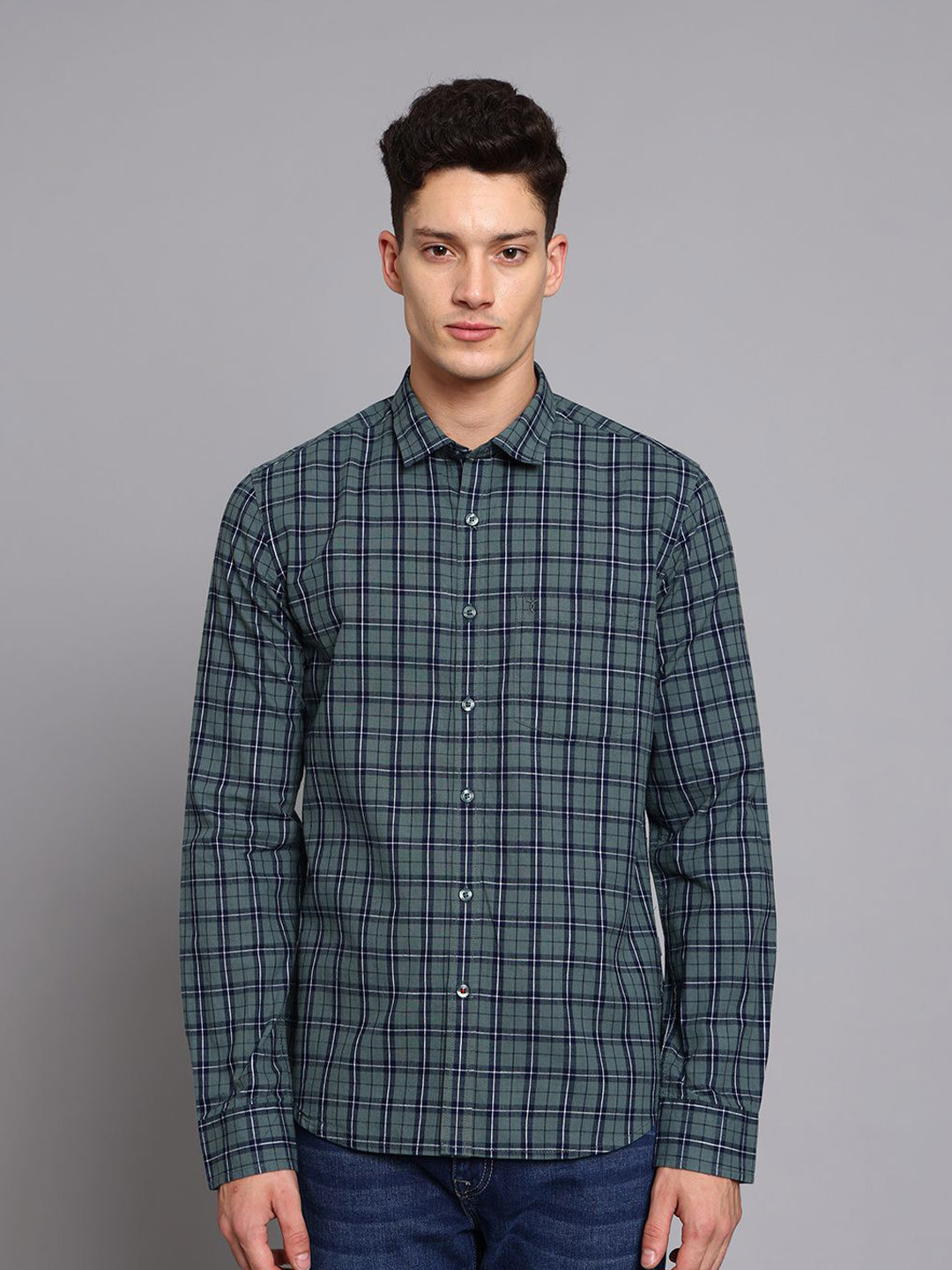 TRIGGER Men Slim Fit Grid Tattersall Checked Spread Collar Cotton Casual Shirt