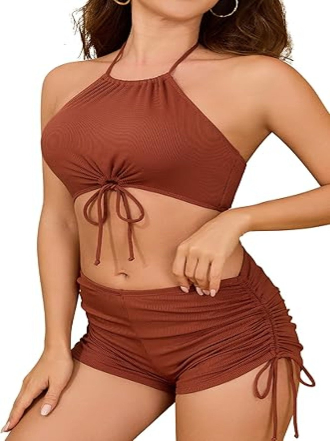 Rlanos Halter Neck Ruched Detailing High-Waist Swim Bikini Set