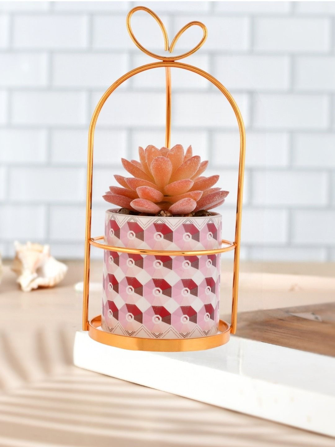 Myntra Elegant Homes Artificial Plant with Ceramic Planter in a Golden Stand