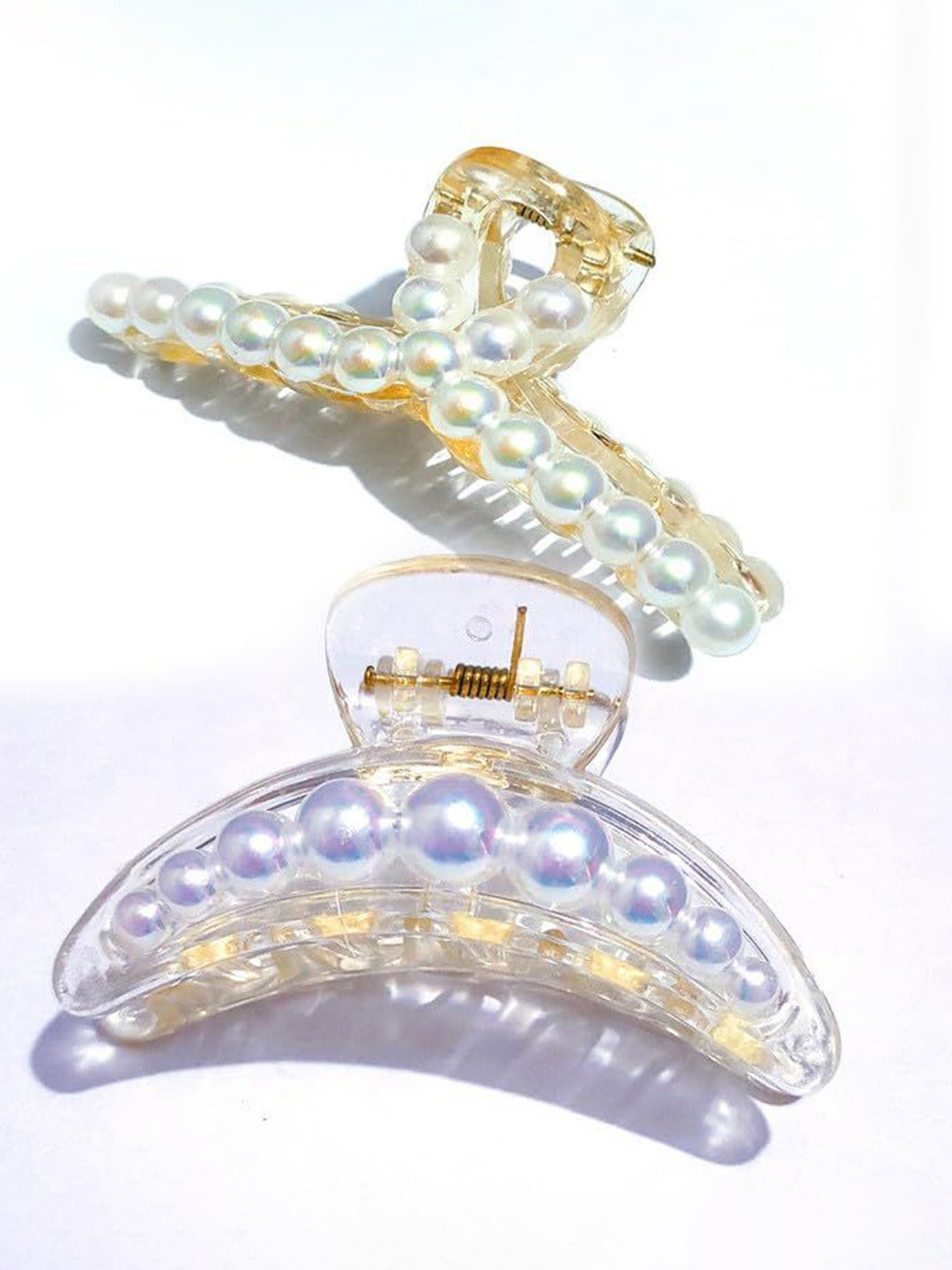 Lyphy Women Set of 2 T-shape And half Moon Pearls Hair Claw Clip