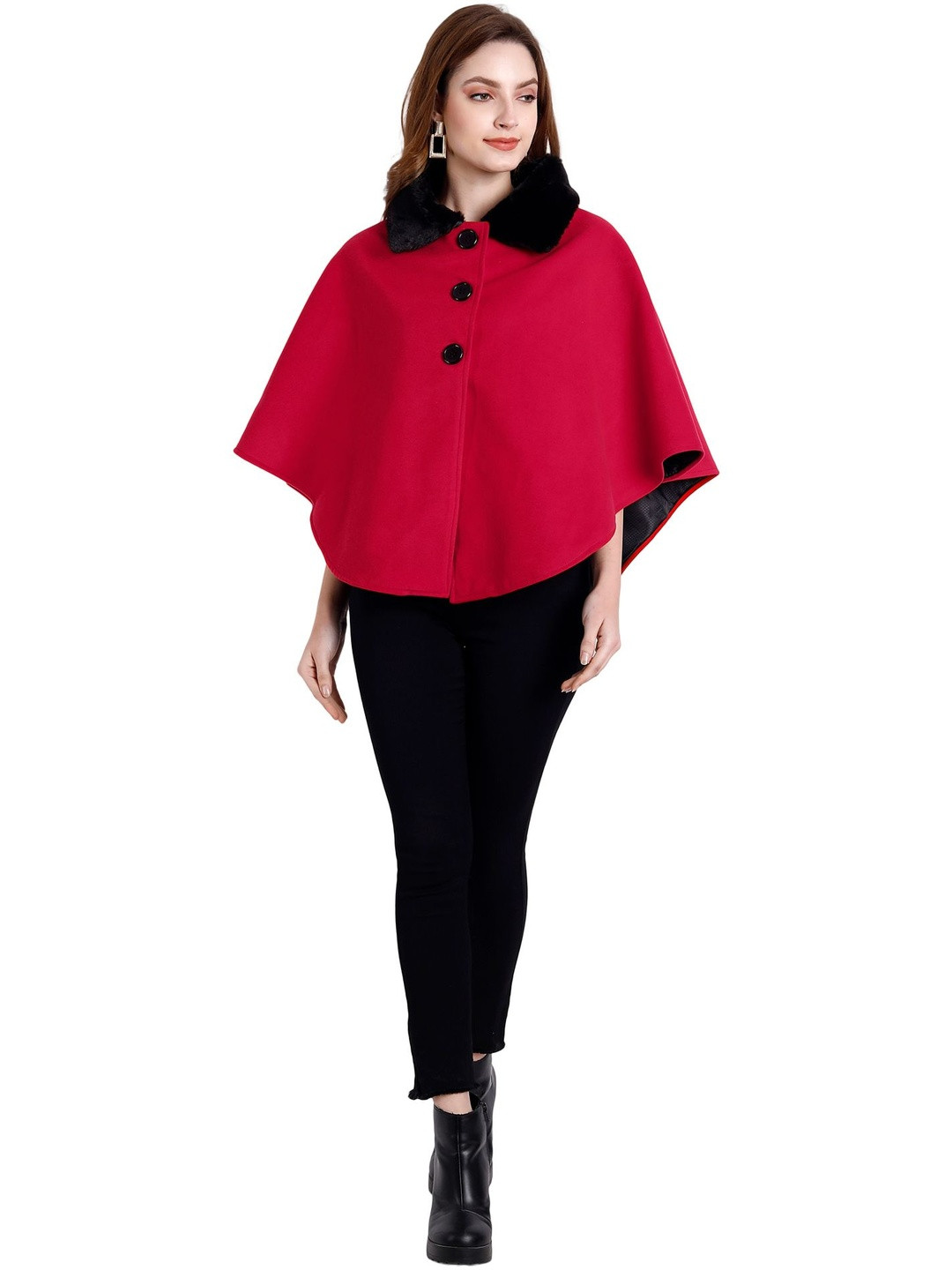 Excent Womens Woollen Poncho with Faux Fur Collar Warm Wear Cape Coat