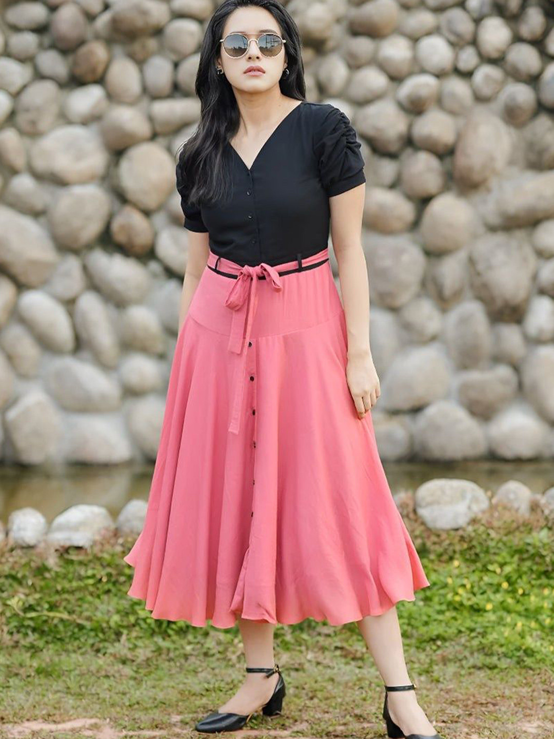 Sadhnazon Puff Sleeve Corset Midi Dress