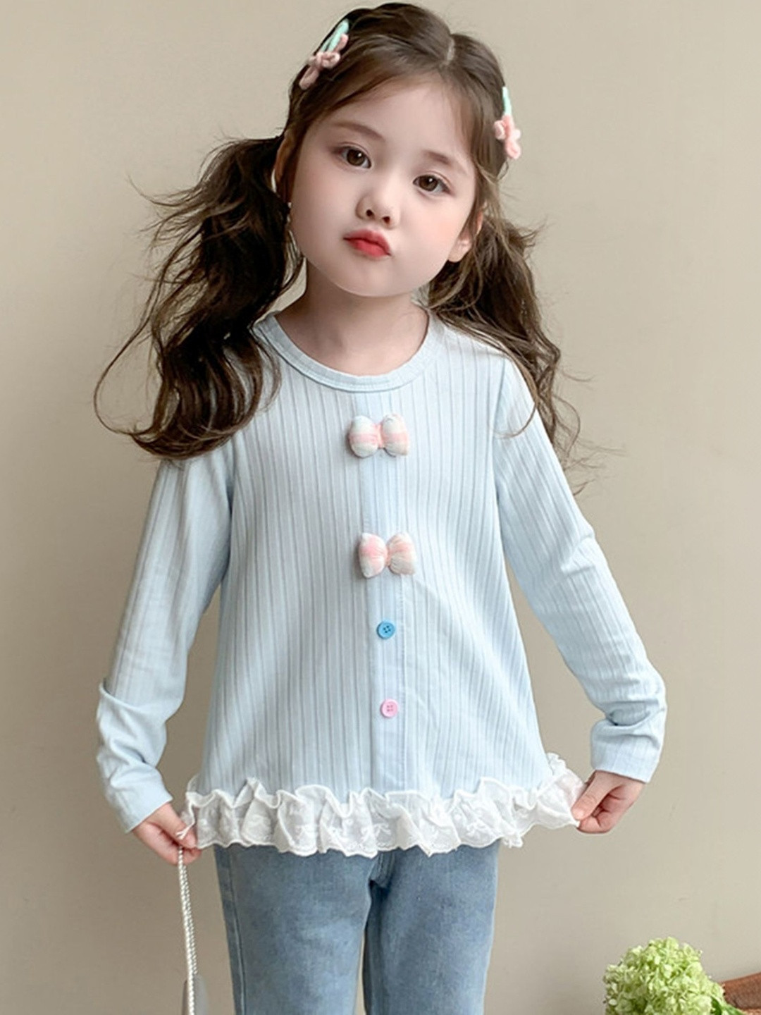 LULU & SKY Girls  Striped Self Design Ruffles Round Neck Long Sleeves A-Line Regular Top