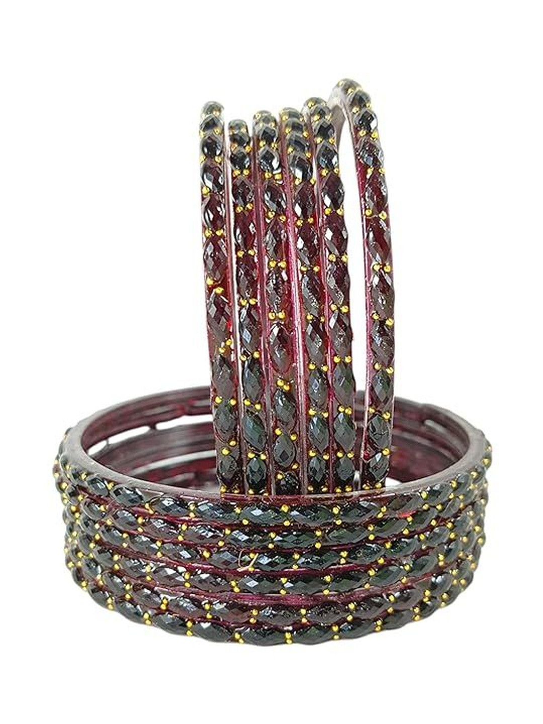 Sunglance Set Of 12 Stone Studded With Diamond Cut Beaded Glass Bangles