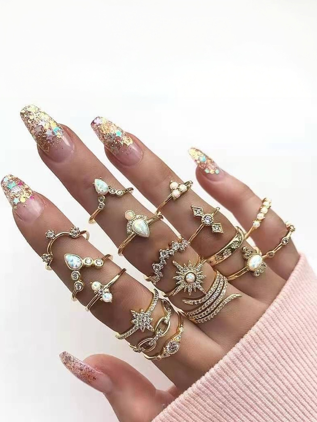 TheVineGirl Set Of 17 Gold-Plated American Diamond-Studded Finger Rings