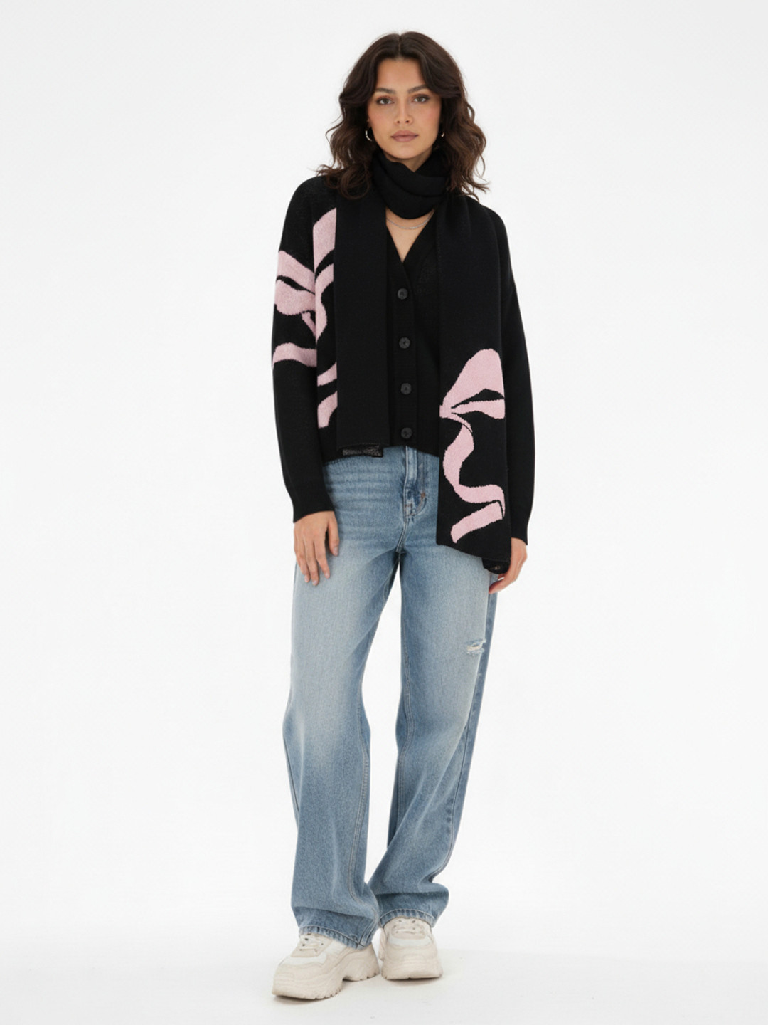 glitchez Conversational Self Design Cardigan with Scarf