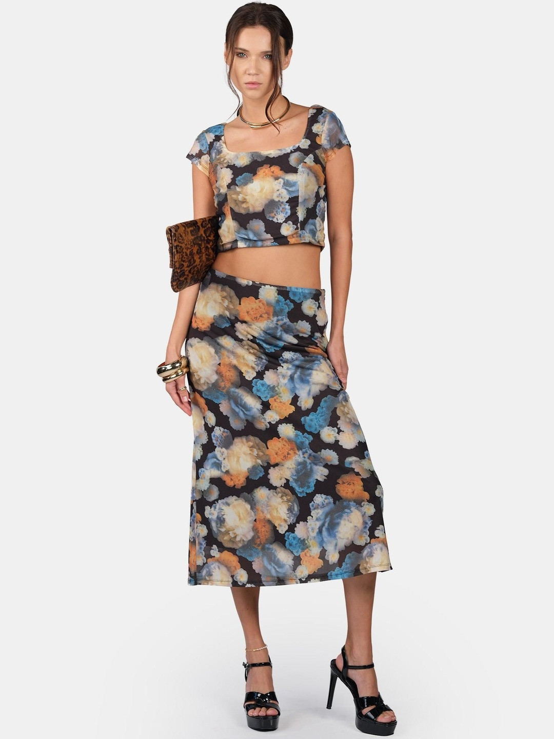 Virgio Women Mesh Abstract Polyester Square Neck Short Sleeves Top