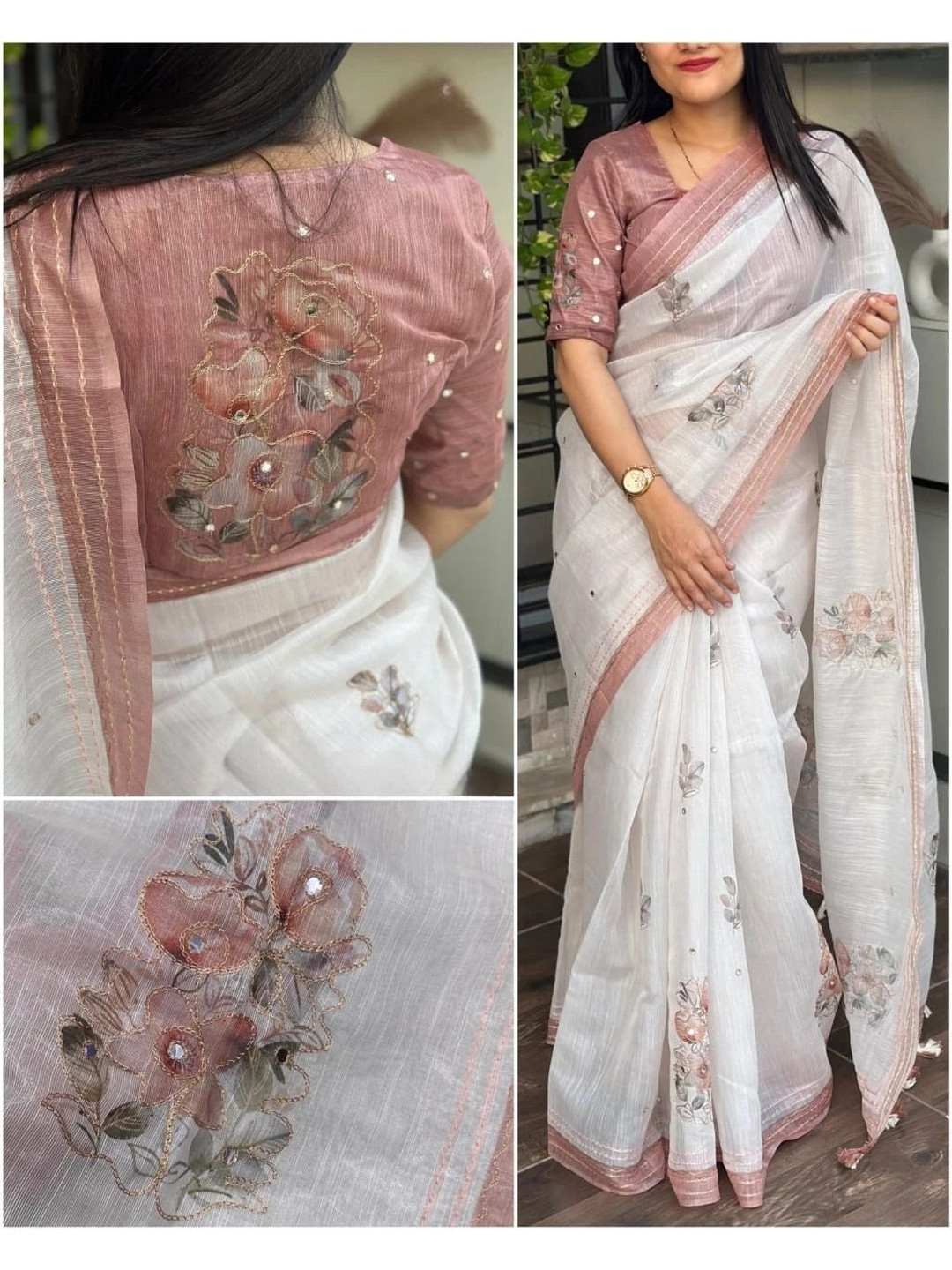 PERFECT STAR Floral Embroidered Handloom Saree