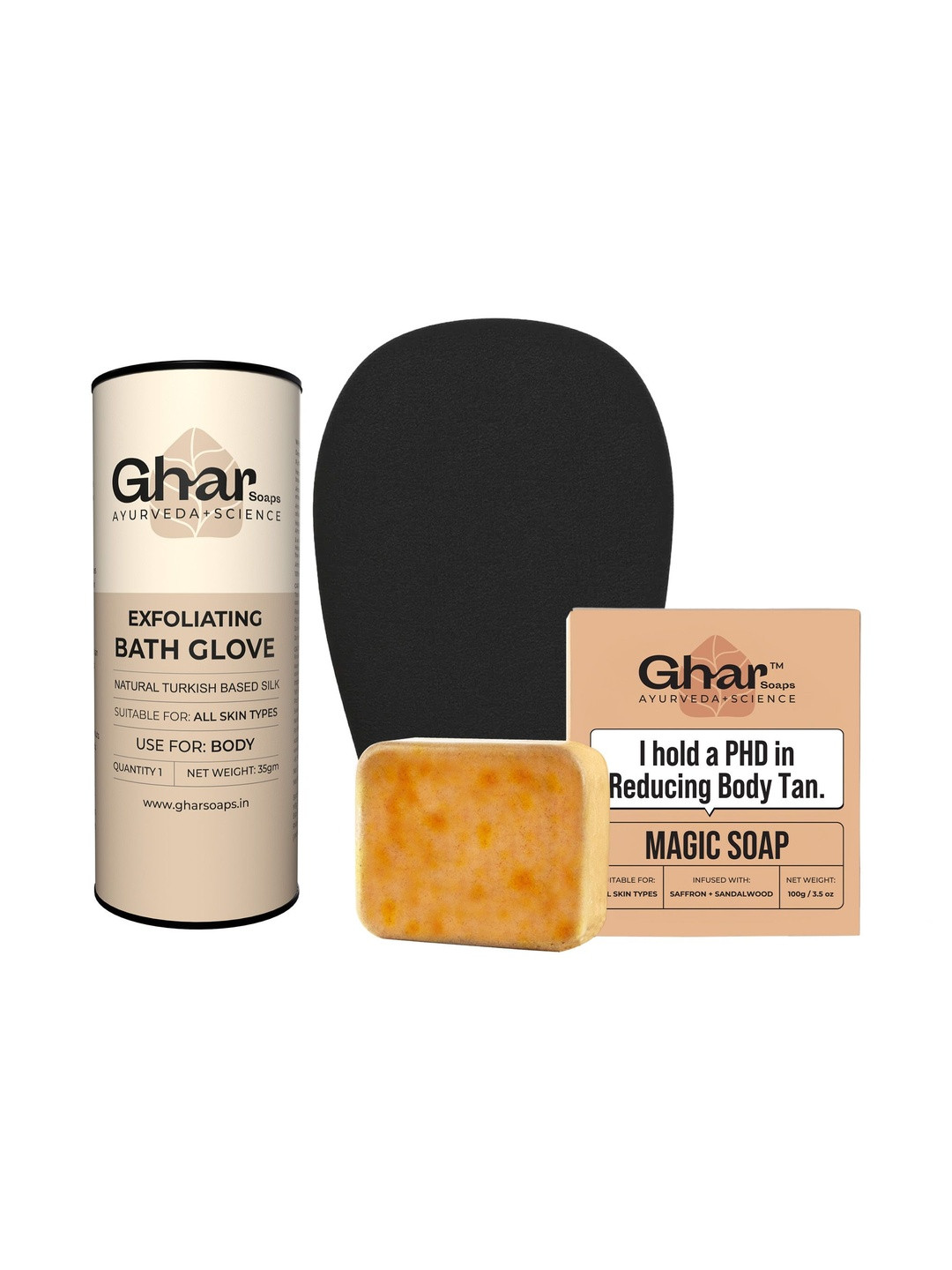 GHAR SOAPS Set of Saffron Sandalwood Magic Soap 100g with Exfoliating Bath Glove