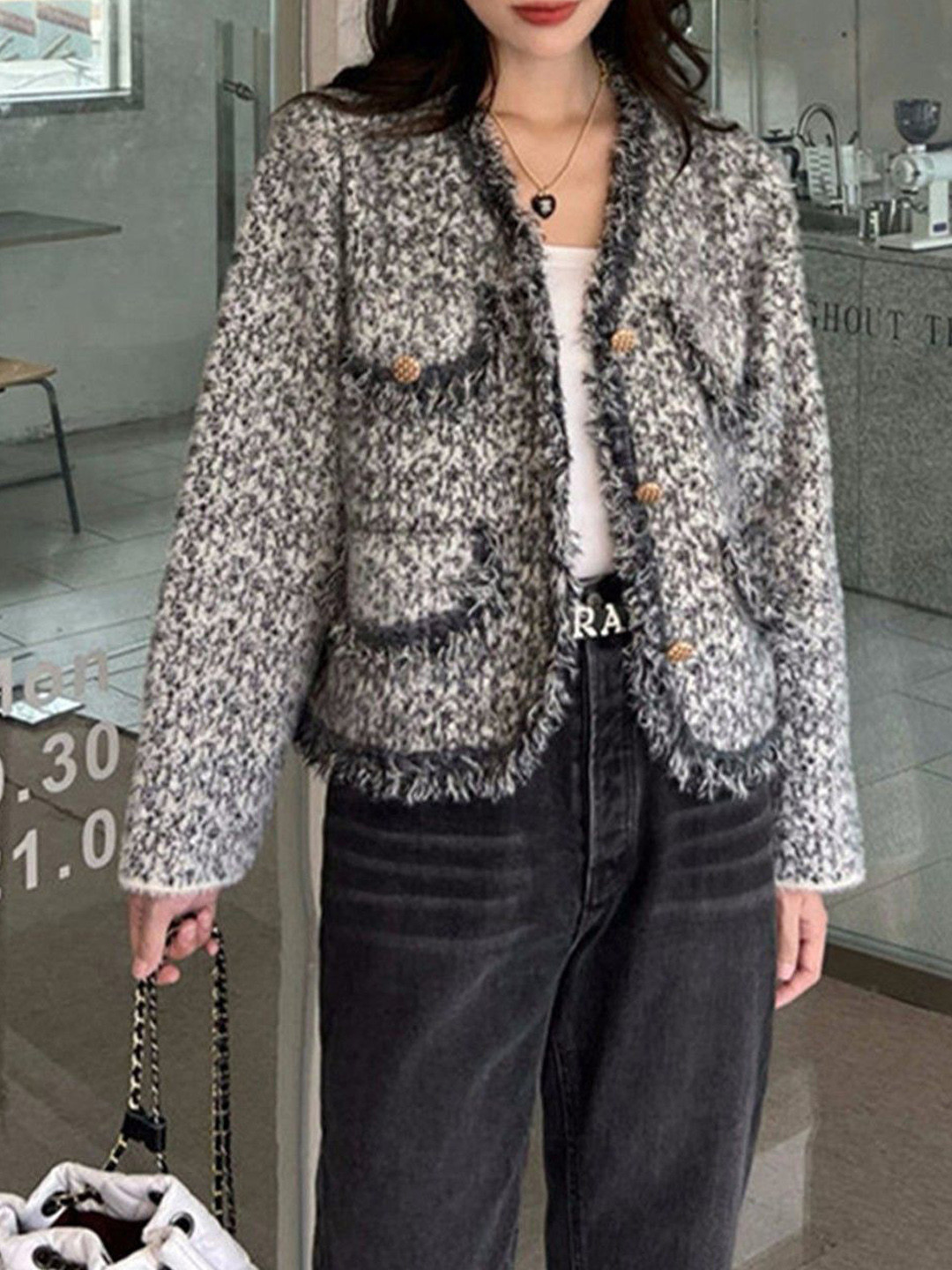 Mast & Harbour Women Boucle Pullover with Fringed Detail