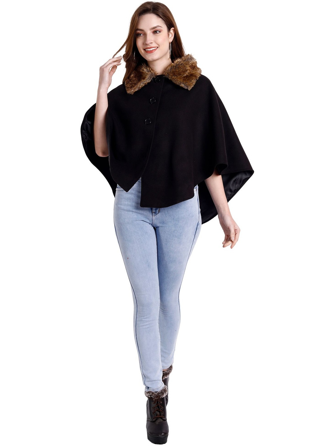 Excent Womens Woollen Poncho with Faux Fur Collar Warm Wear Cape Coat