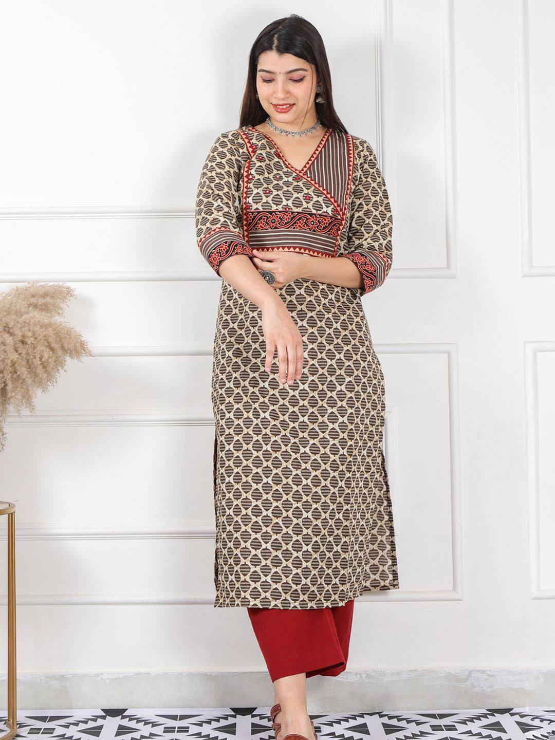 Desi Sandook Women Angrakha Kutch Work Pure Cotton Kurta