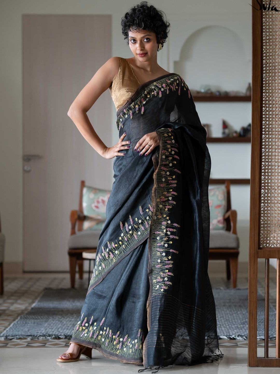 Suta Black Linen Hand Embroidery Pure Linen Saree