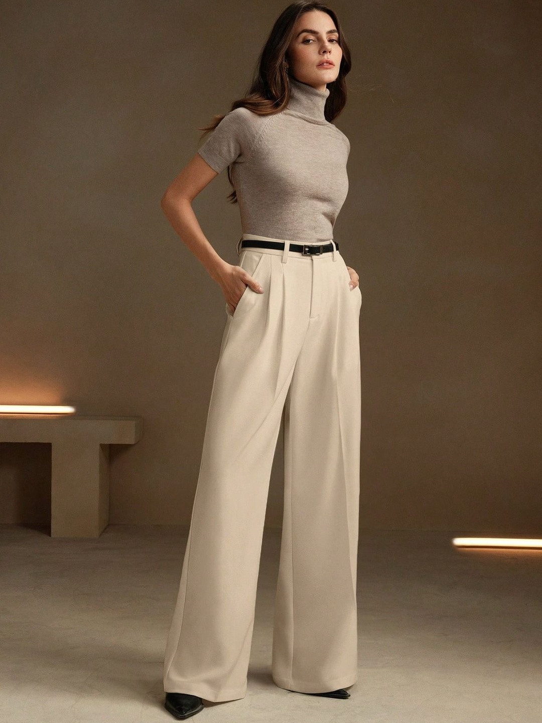 Kotty Women Straight Fit High-Rise Easy Wash Pleated Trousers