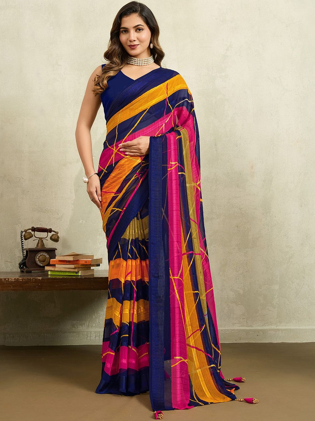P D Silk Mills Abstract printed Pure Georgette Saree With Unstitched Blouse Piece