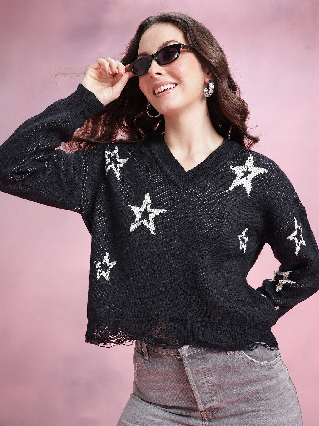 DressBerry Conversational Self Design V-Neck Pullover with Distressed Ribbed Hem