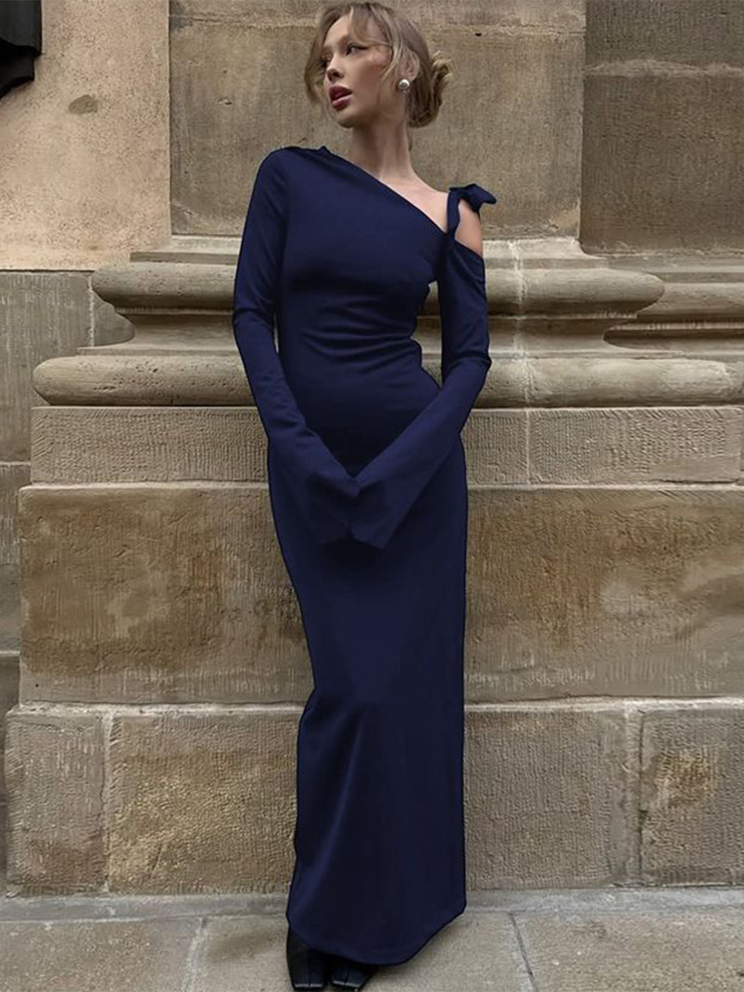 StyleCast x Revolte One Shoulder Bell Sleeve Bodycon Maxi Dress
