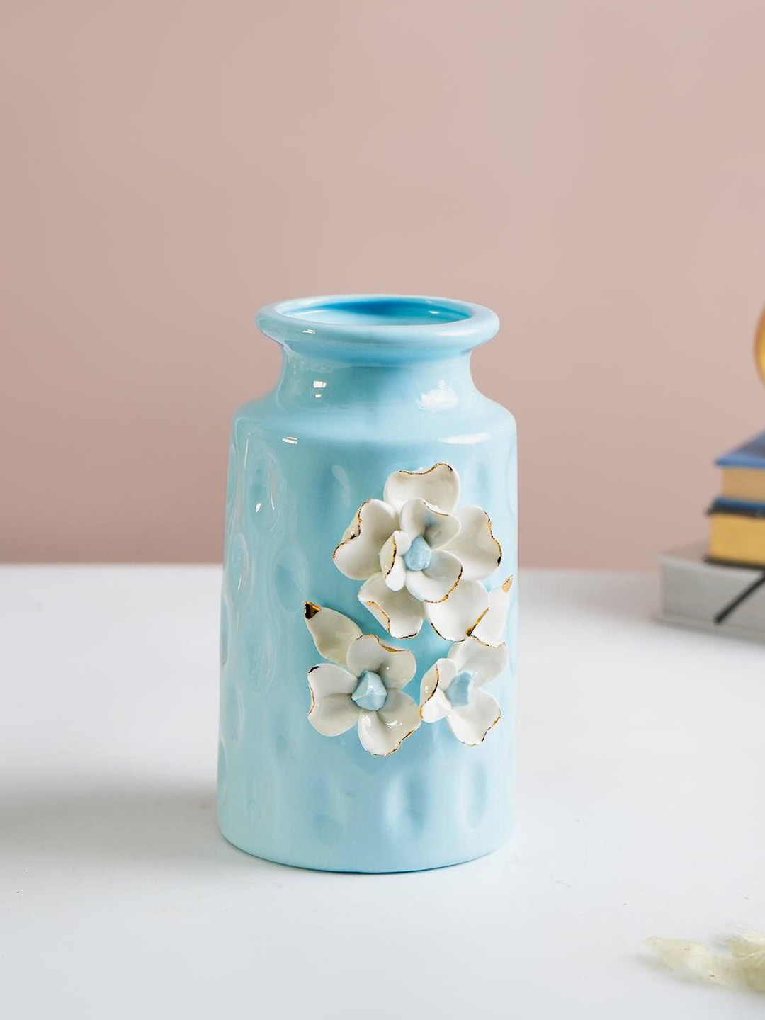 MARKET99 Blue & White Floral Applique Round Ceramic Flower Vase