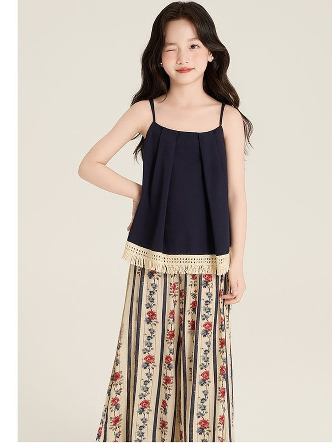 LULU & SKY Girls Solid Shoulder Straps Fringe Hem Top
