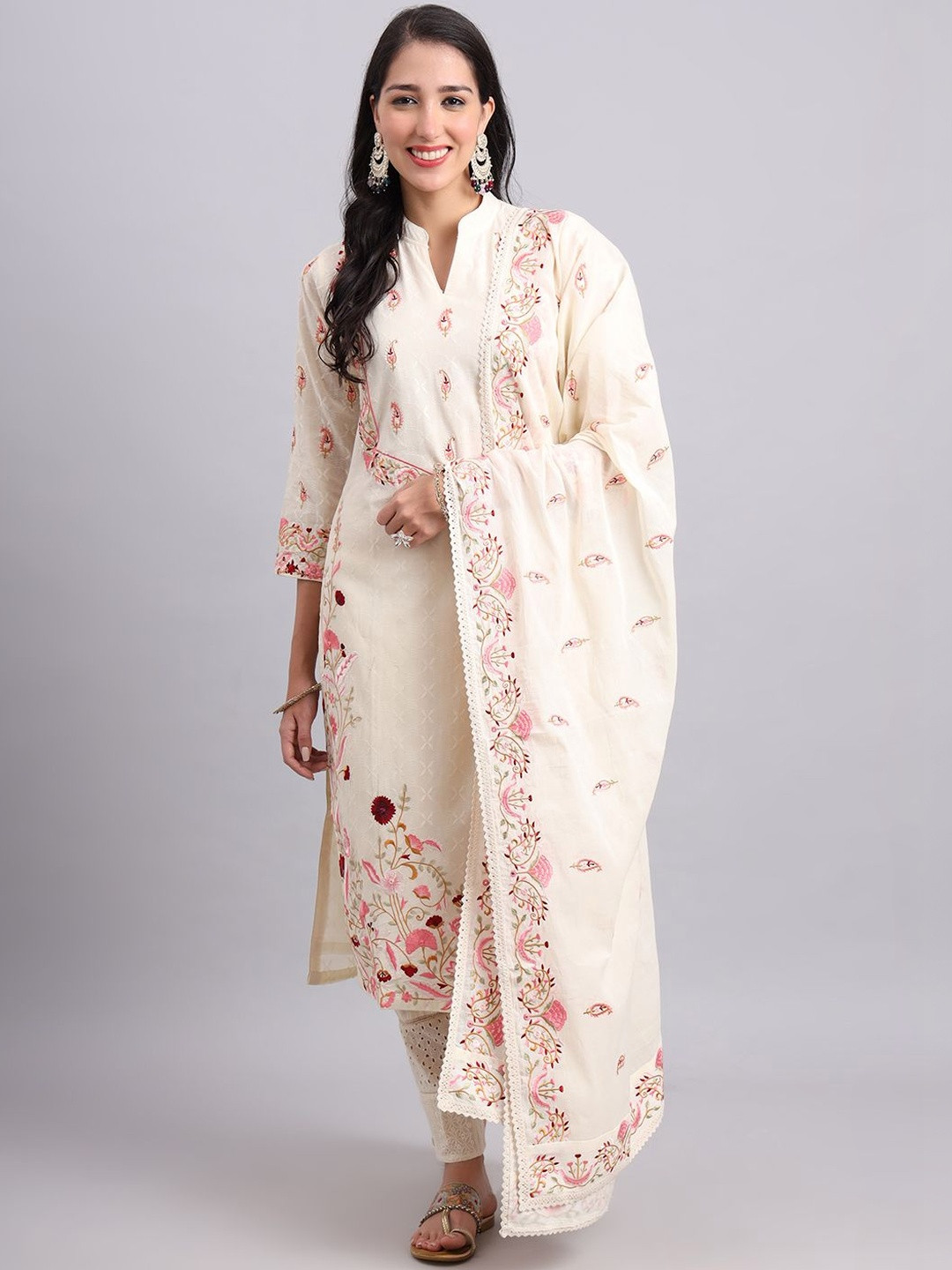 PJ KURTI Women Floral Embroidered Regular Thread Work Pure Cotton Kurta with Trousers & With Dupatta