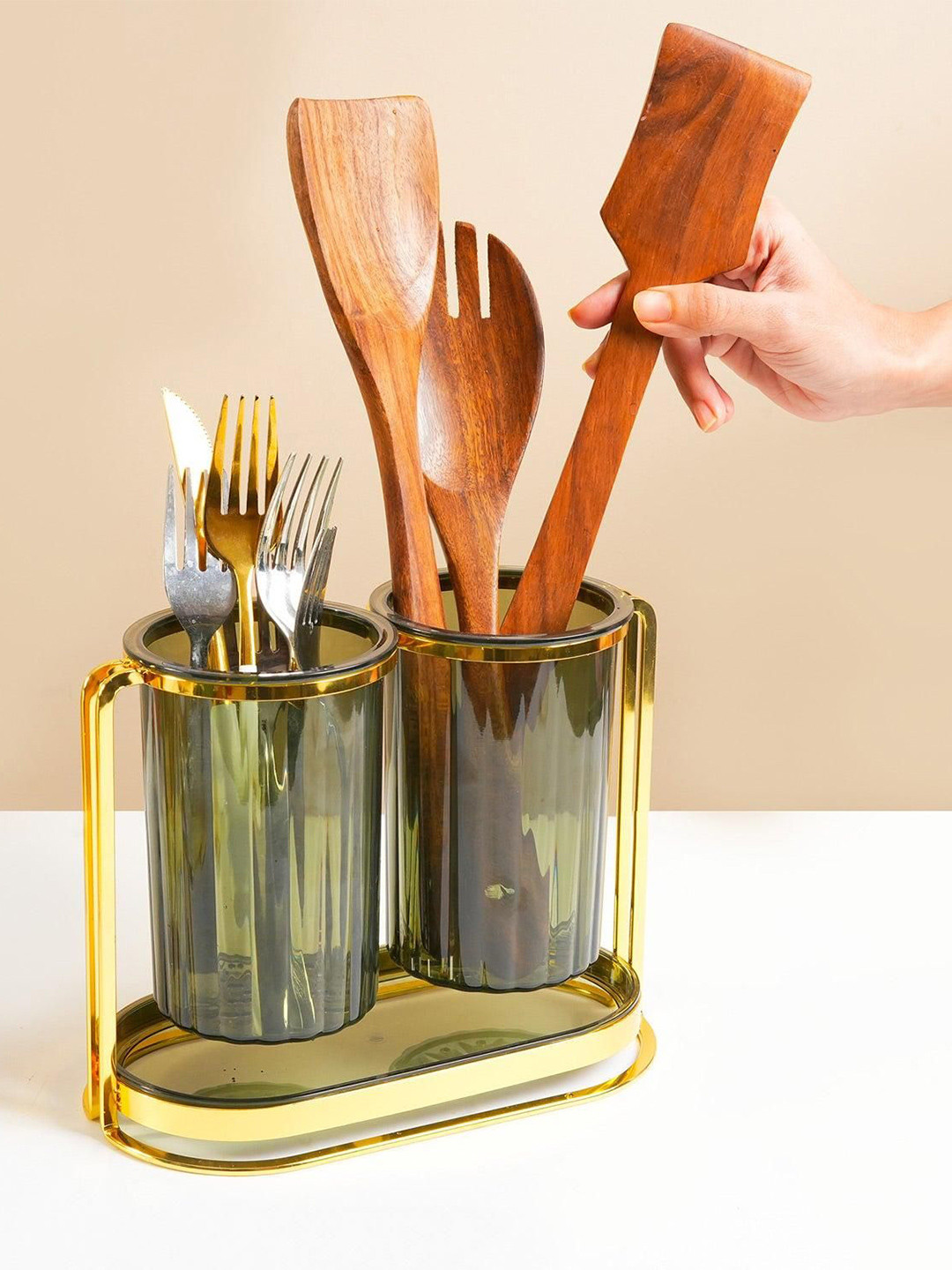 MARKET99 Green & Gold Toned Iron Tabletop Cutlery Holder