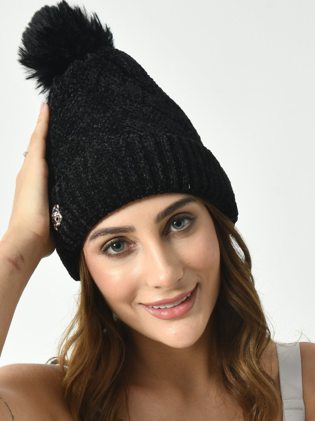 LADONNA Women Warm Woollen Beanie with Valvet Pompom