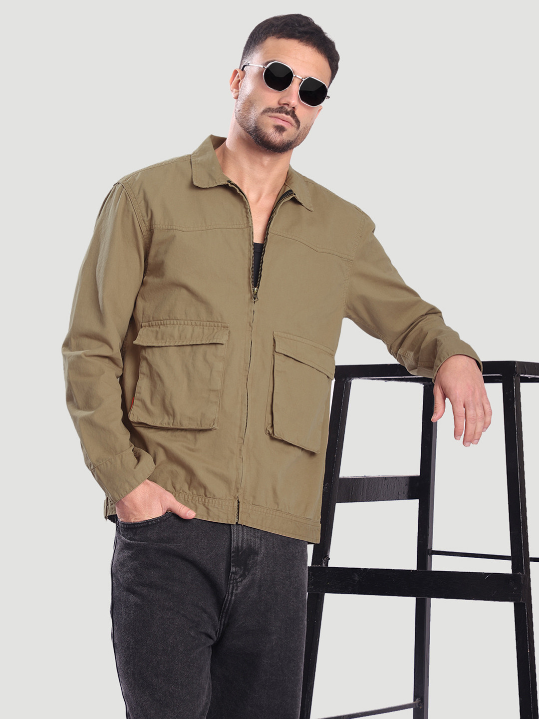 Bene Kleed Men Beige Spread Collar Relaxed Fit Cotton Bomber Jacket
