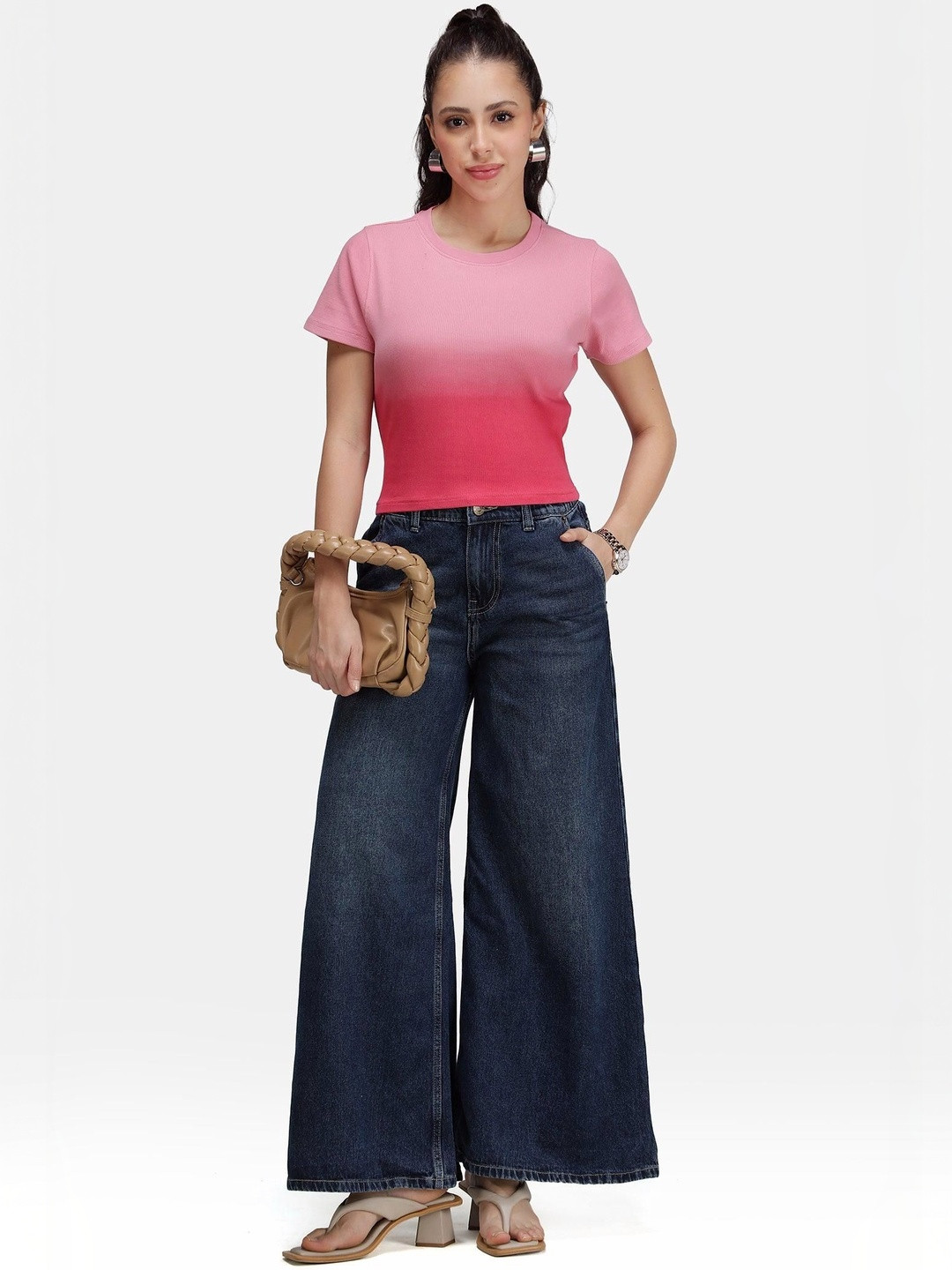 Virgio Women Solid Cotton Round Neck Short Sleeves Dip Dye Rib Top