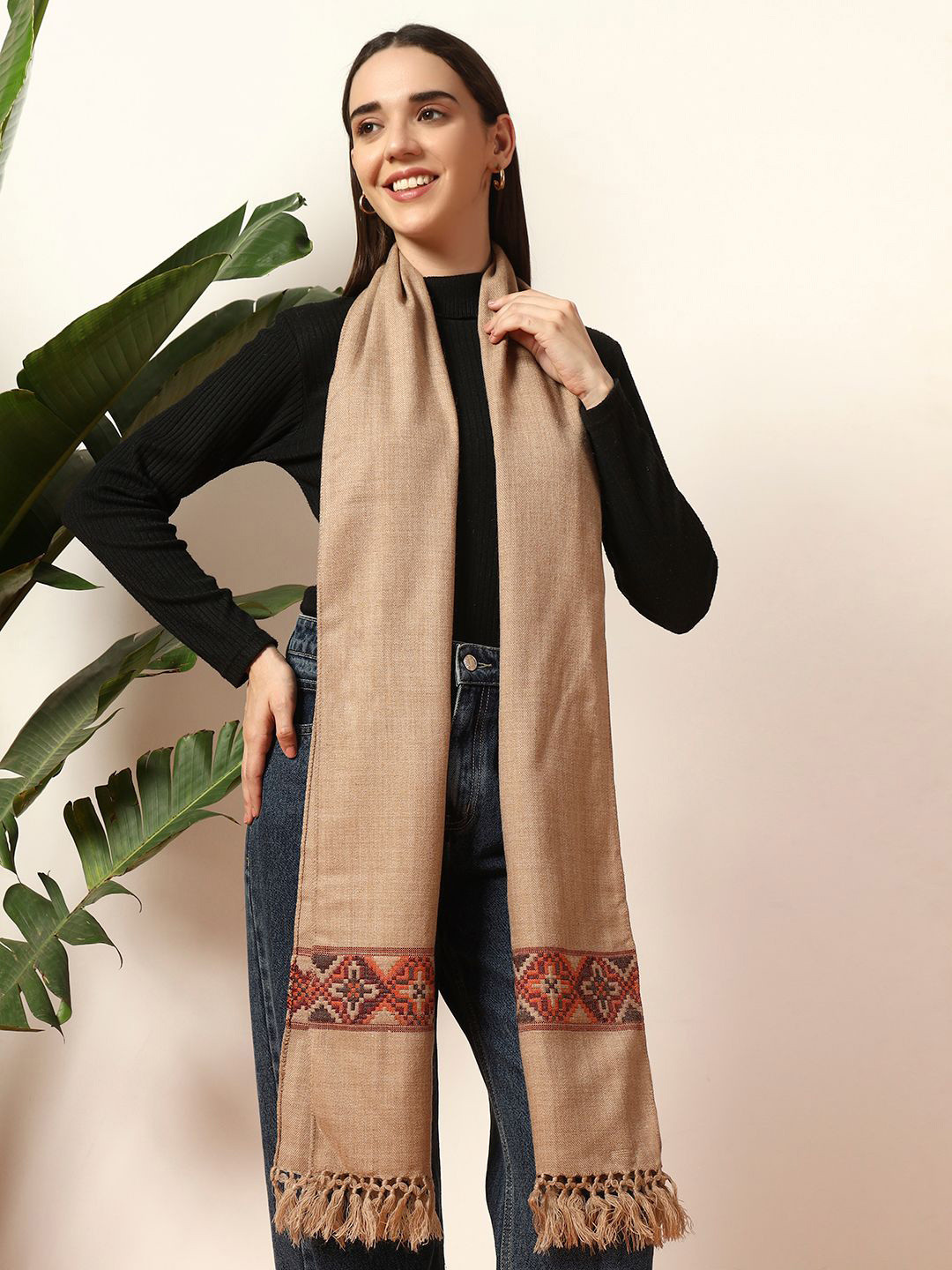 HANDICRAFT PALACE Women Solid Reversible Scarf with Tasselled Border