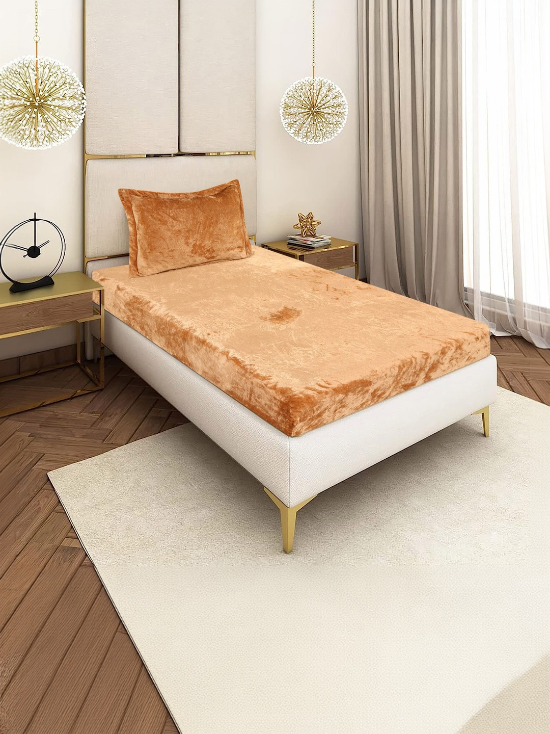 BLUEDOT Gold Velvet Woolen Warm 220 TC Single Fitted Bedsheet With 1 Pillow Cover