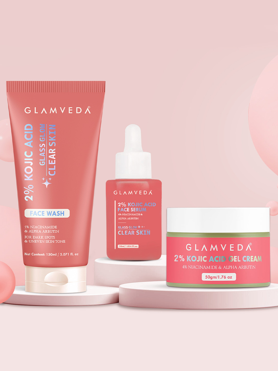 GLAMVEDA Set Of 3 2% Kojic Acid Face Wash- 150 ml- Gel Cream- 50 g & Face Serum- 30 ml