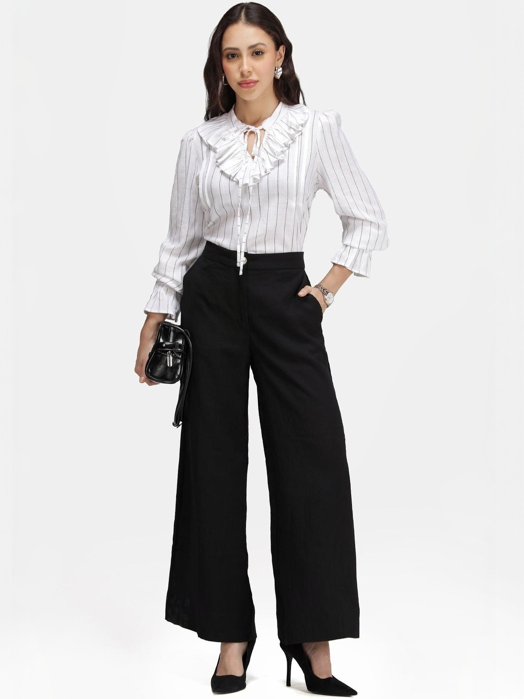 Virgio Women Striped Viscose Mandarin Ruffle Neck Long Sleeves Top
