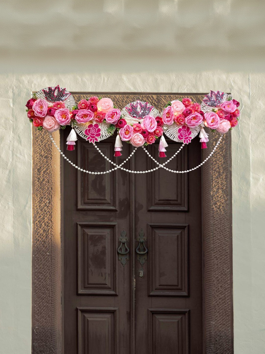 PUFFSMART Pink & White Embellished Rafiya Toran Decor