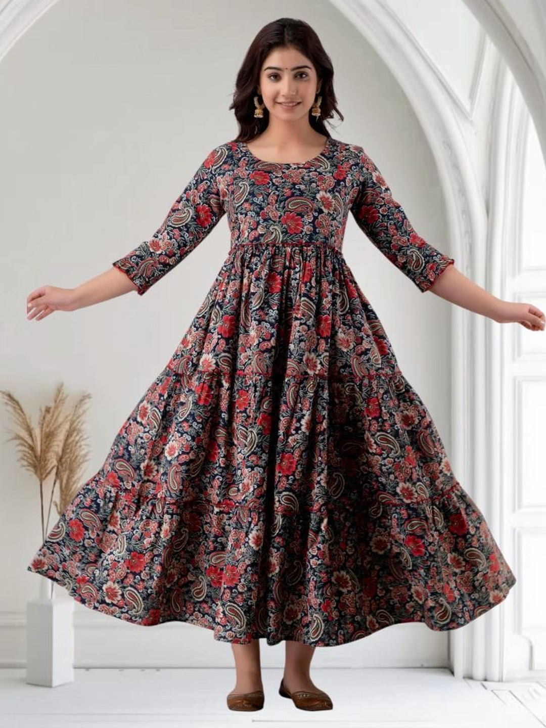 Henal Printed Cotton Round Neck Maternity Fit & Flared Maxi Ethnic Dresses
