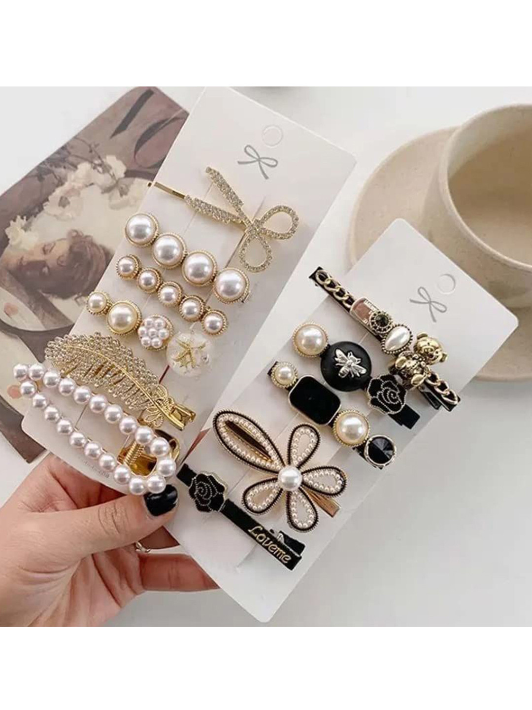 badodiya's Women Set of 11 Black and White French Barrette Clips and Pins