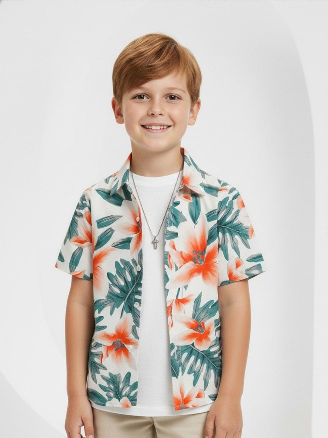 YK Boys Cool And Comfy Floral Printed Spread Collar Regular Fit Cotton Shirt